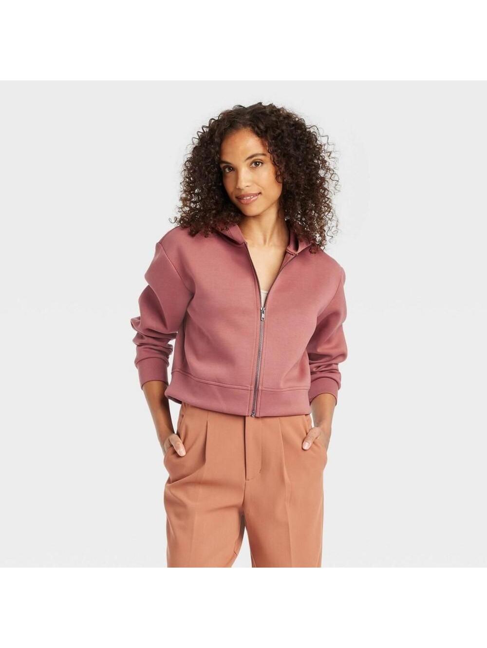 Women S Double Knit Zip Hoodie Sweatshirt - A New Day Rust L